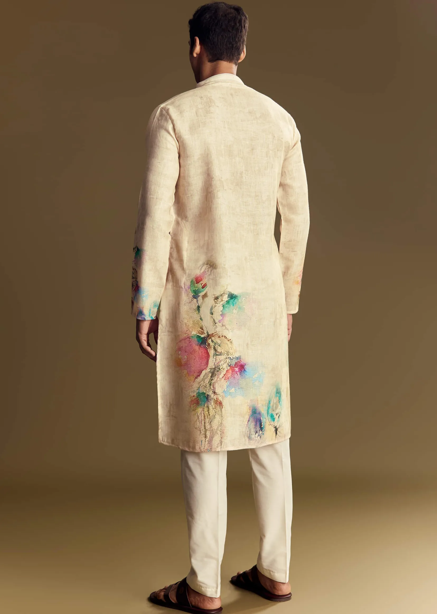 Floral Beige Linen Kurta Set