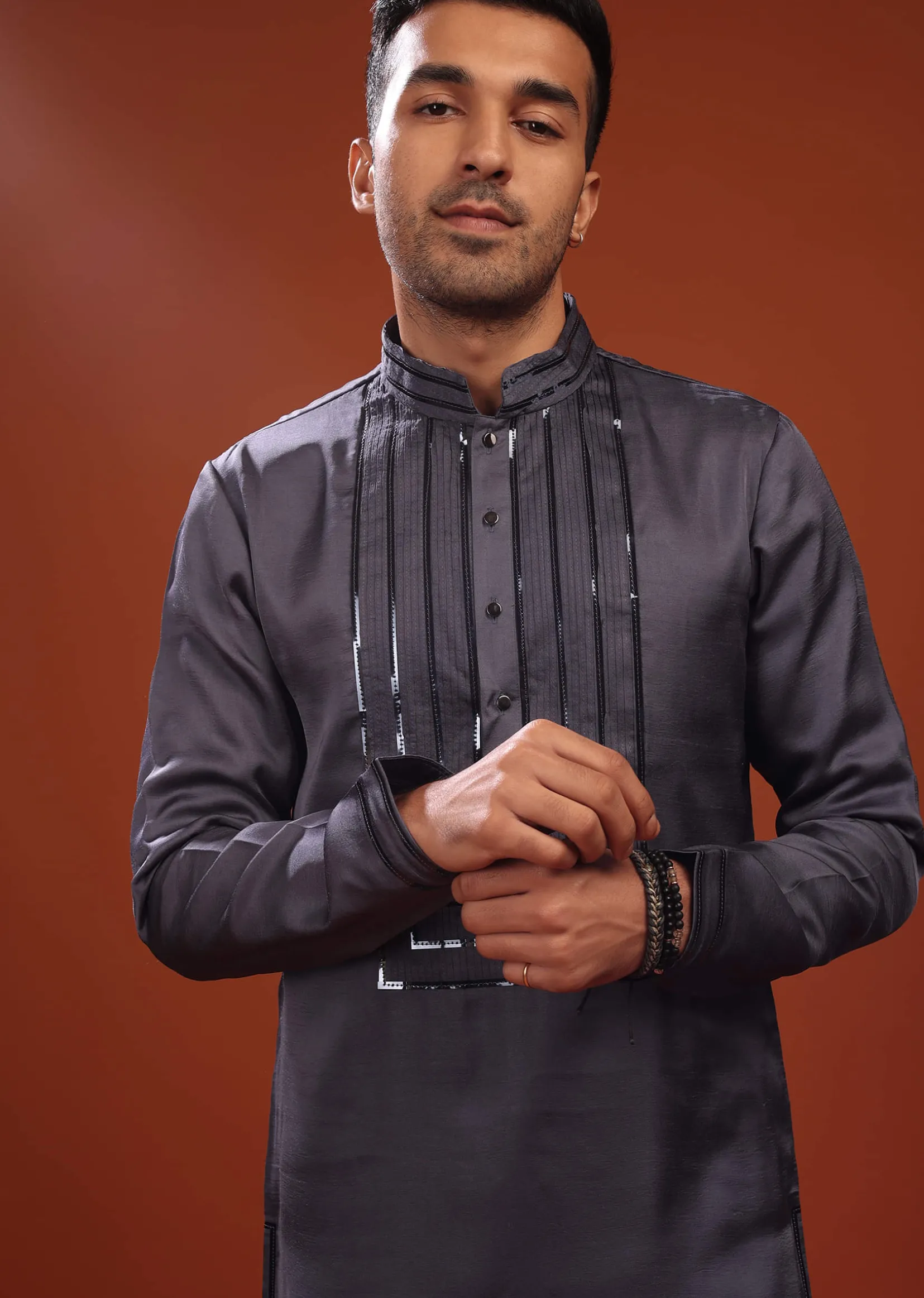 Fog Grey Festive Kurta In Mini Silk With A Cocktail Look