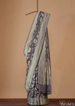 Fog Grey Saree In Tissue Georgette With Banarasi Zari Weave And An Unstitched Blouse