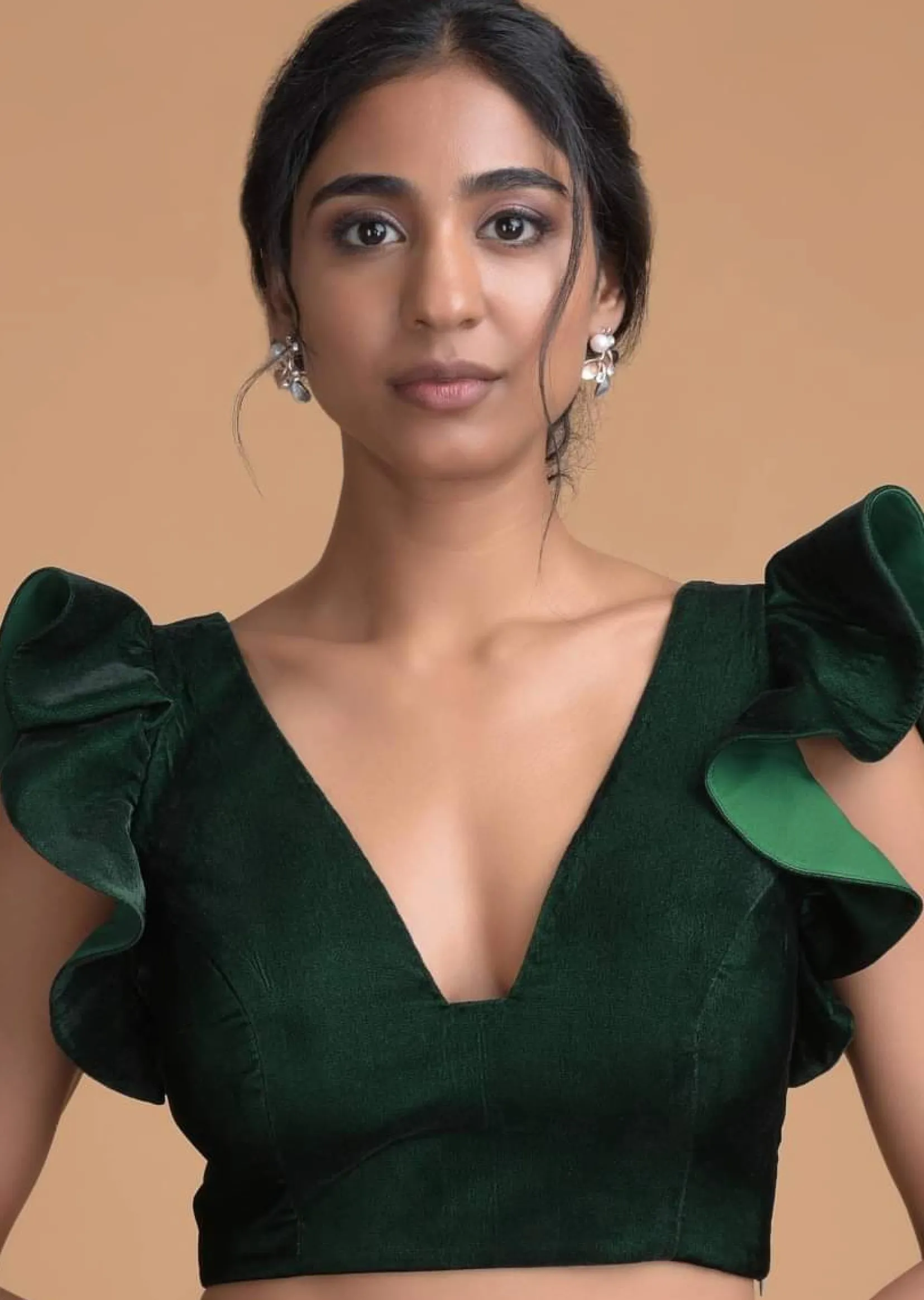 Forest Green Blouse In Velvet With Trapeze Neck And Ruffle Sleeves