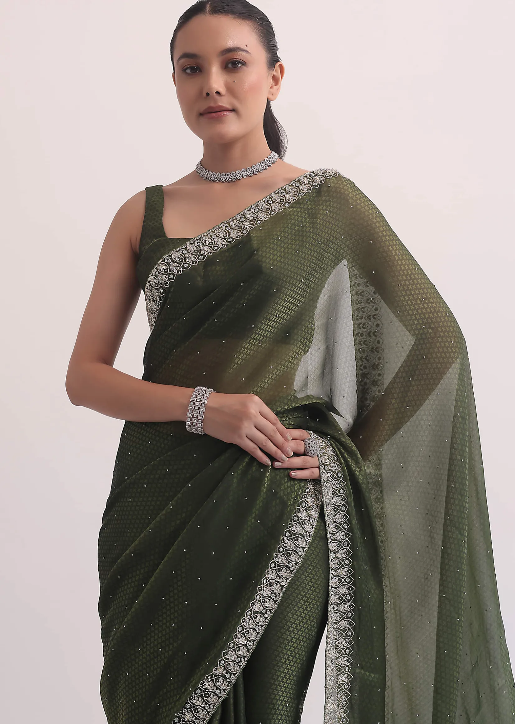 Forest Green Jacquard Saree In Cutdana Embroidery With Unstitched Blouse
