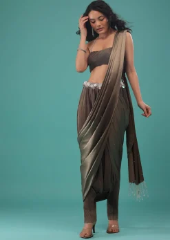 Fossil Brown Ready To Wear Dhoti Saree In Knitted Pleated Fabric