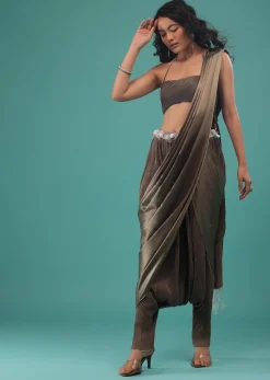Fossil Brown Ready To Wear Dhoti Saree In Knitted Pleated Fabric