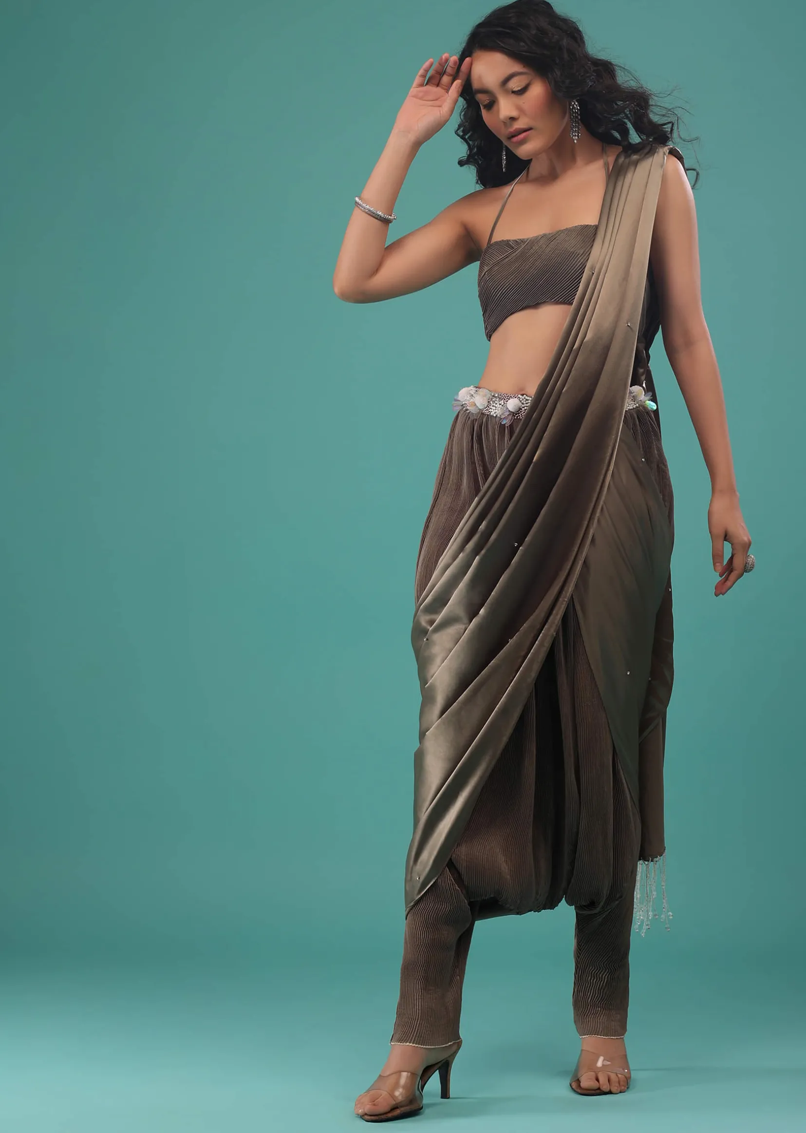 Fossil Brown Ready To Wear Dhoti Saree In Knitted Pleated Fabric