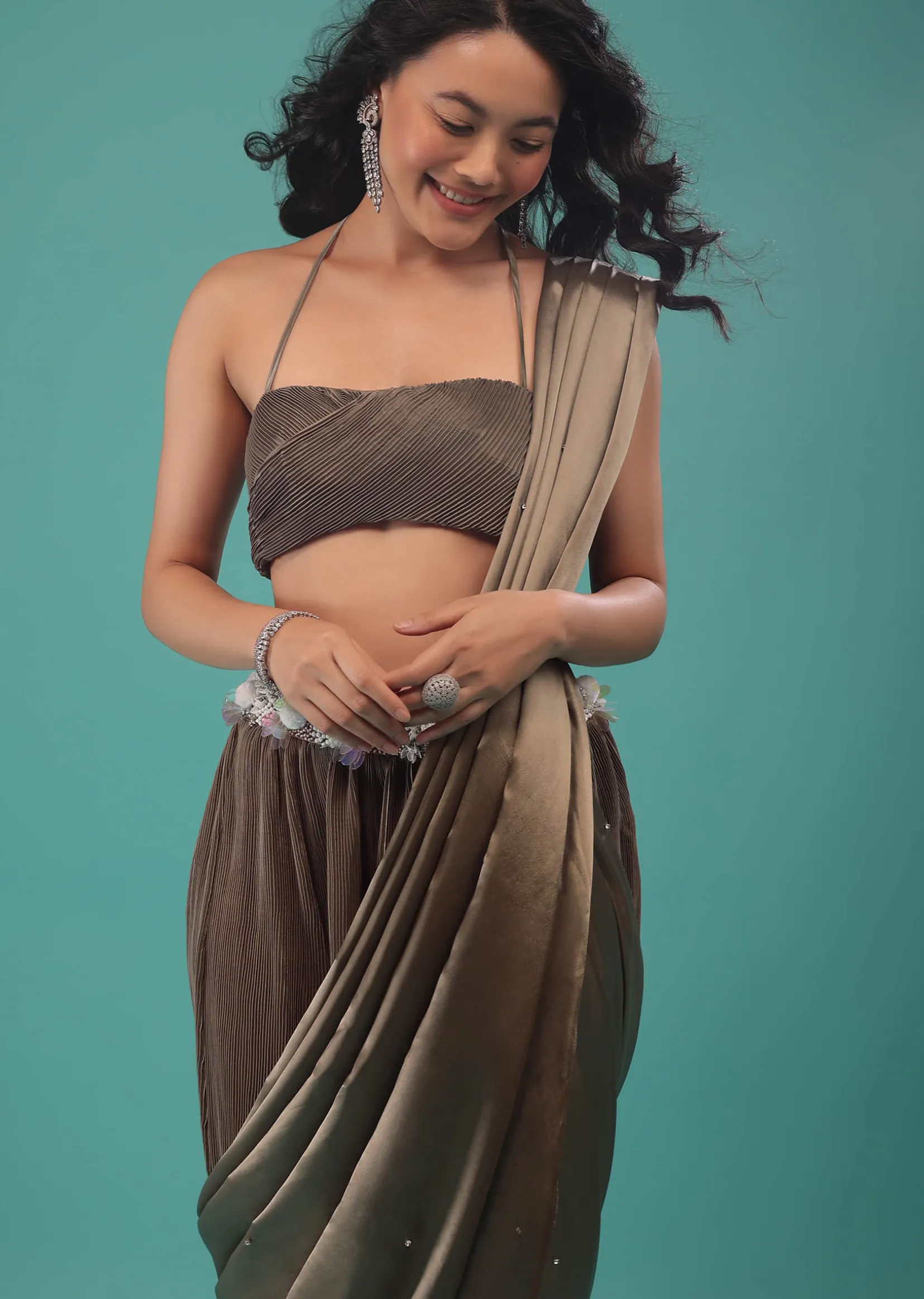 Fossil Brown Ready To Wear Dhoti Saree In Knitted Pleated Fabric
