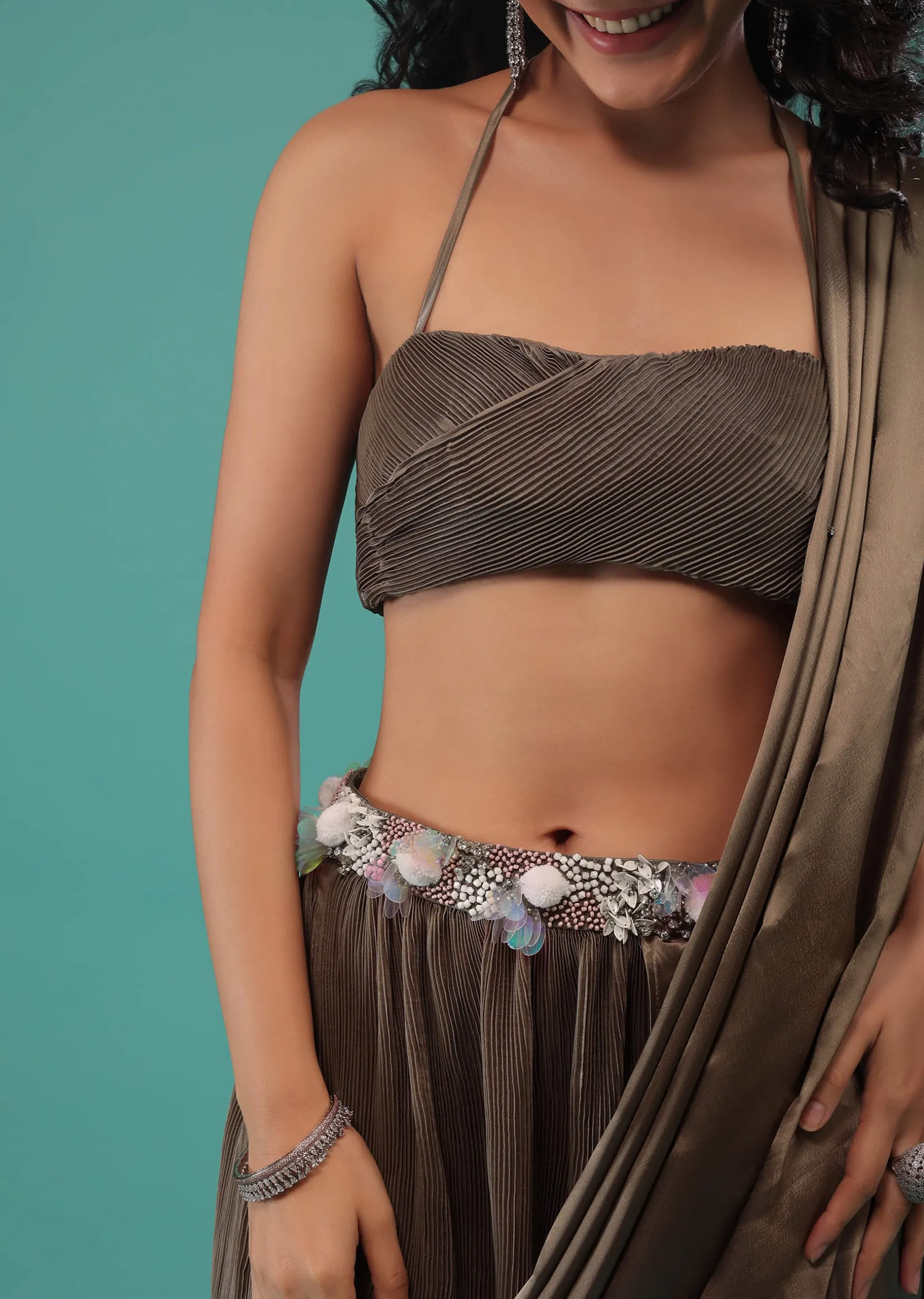 Fossil Brown Ready To Wear Dhoti Saree In Knitted Pleated Fabric