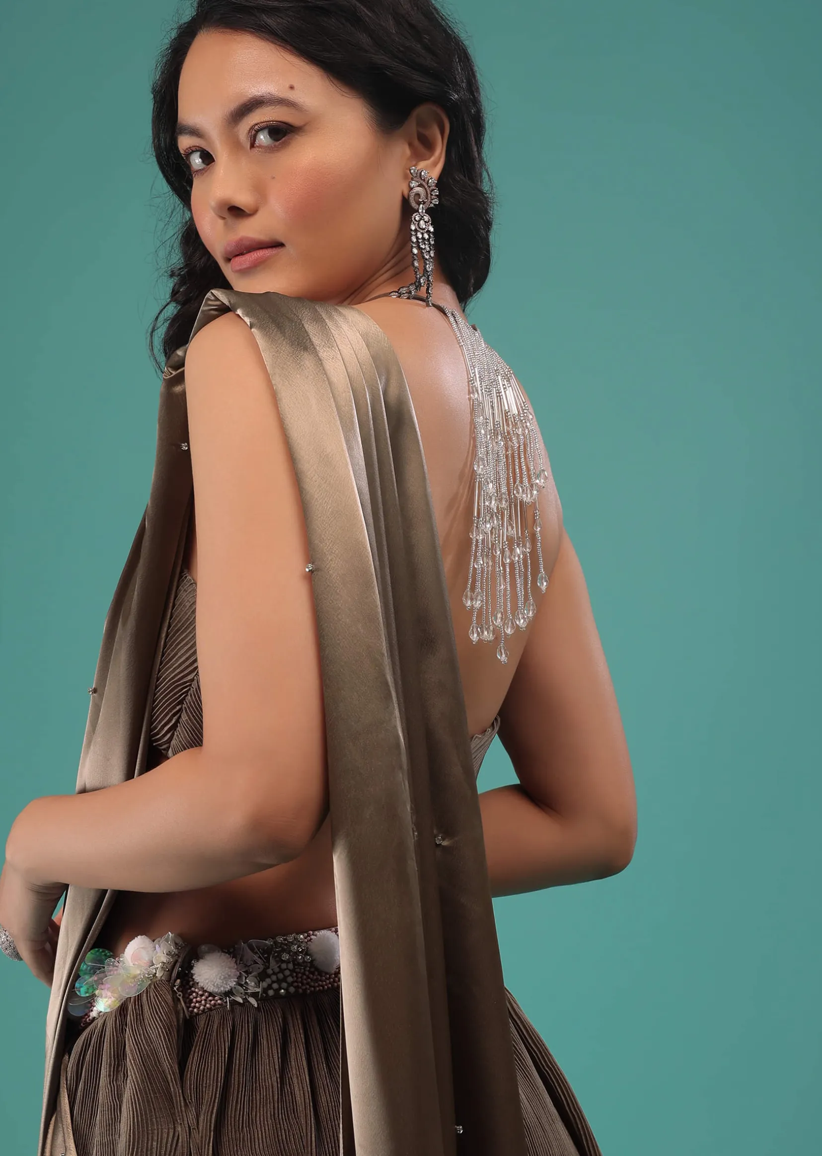Fossil Brown Ready To Wear Dhoti Saree In Knitted Pleated Fabric