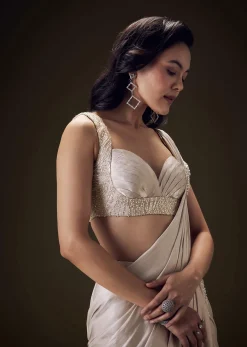 Frosted Ivory Satin Ruffled Ready Pleated Saree