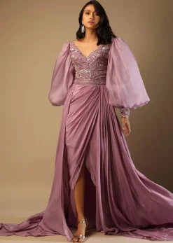 Frozen Mauve Gown With Hand Embroidered Bodice, Balloon Sleeves And A Long Trail