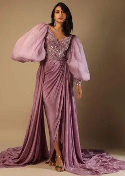 Frozen Mauve Gown With Hand Embroidered Bodice, Balloon Sleeves And A Long Trail