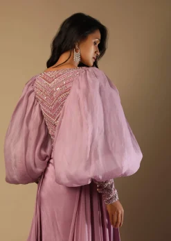 Frozen Mauve Gown With Hand Embroidered Bodice, Balloon Sleeves And A Long Trail