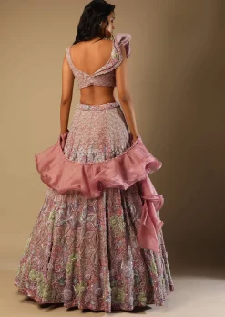 Frozen Mauve Lehenga In Velvet With Multi Colored Embroidered Floral Motifs, Fancy One Shoulder Design And Ruffle Dupatta