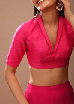 Fuchsia Pink Blouse In Raw Silk With Plunging Collar Neckline And Half Sleeves