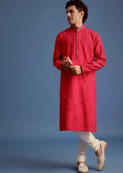 Fuchsia Pink Silk Printed Kurta Set For Men