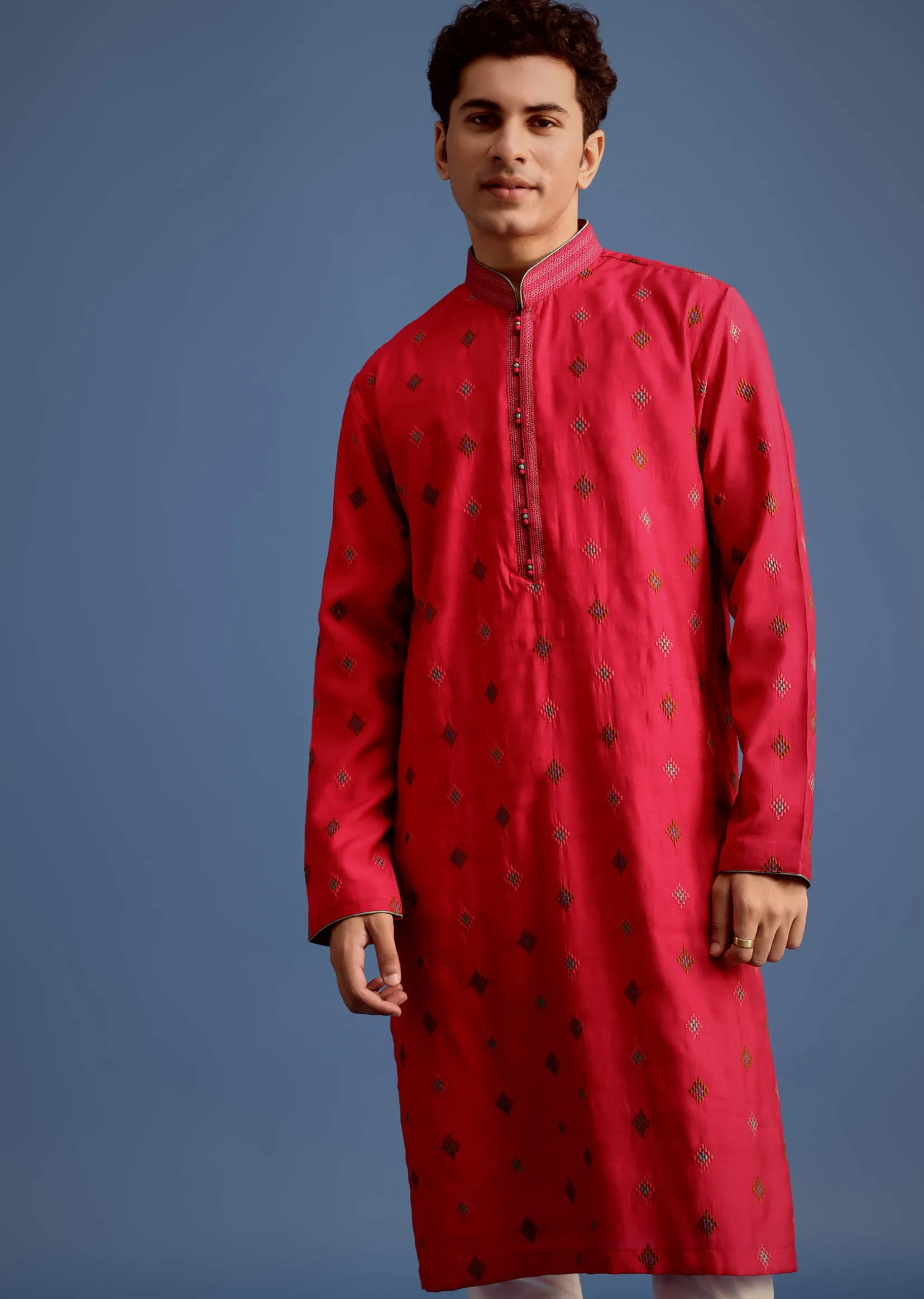 Fuchsia Pink Silk Printed Kurta Set For Men
