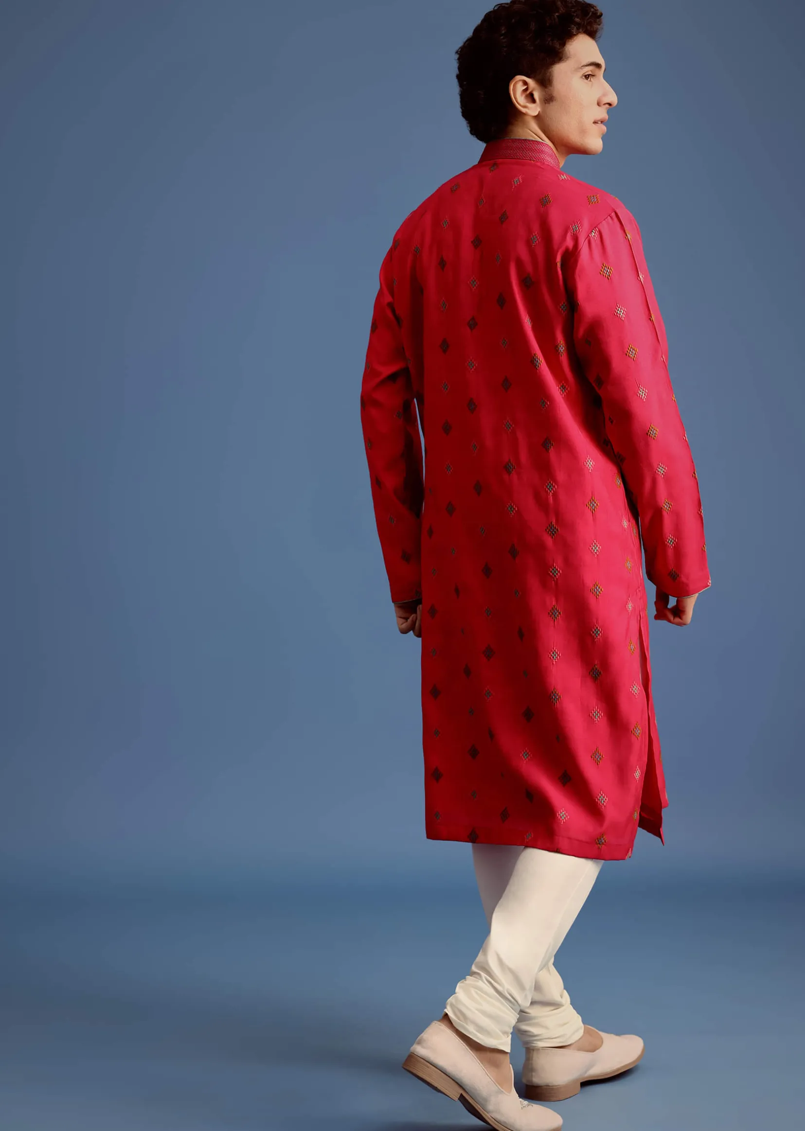Fuchsia Pink Silk Printed Kurta Set For Men