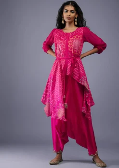Fuschia Pink Gajji Silk Attached Shrug With Silk Jumpsuit