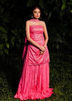 Fuschia Pink Kurta Palazzo Suit With Choker Dupatta