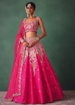 Fuschia Pink Raw Silk Multi Colour Threadwork Lehenga Dupatta With Embroidered Blouse