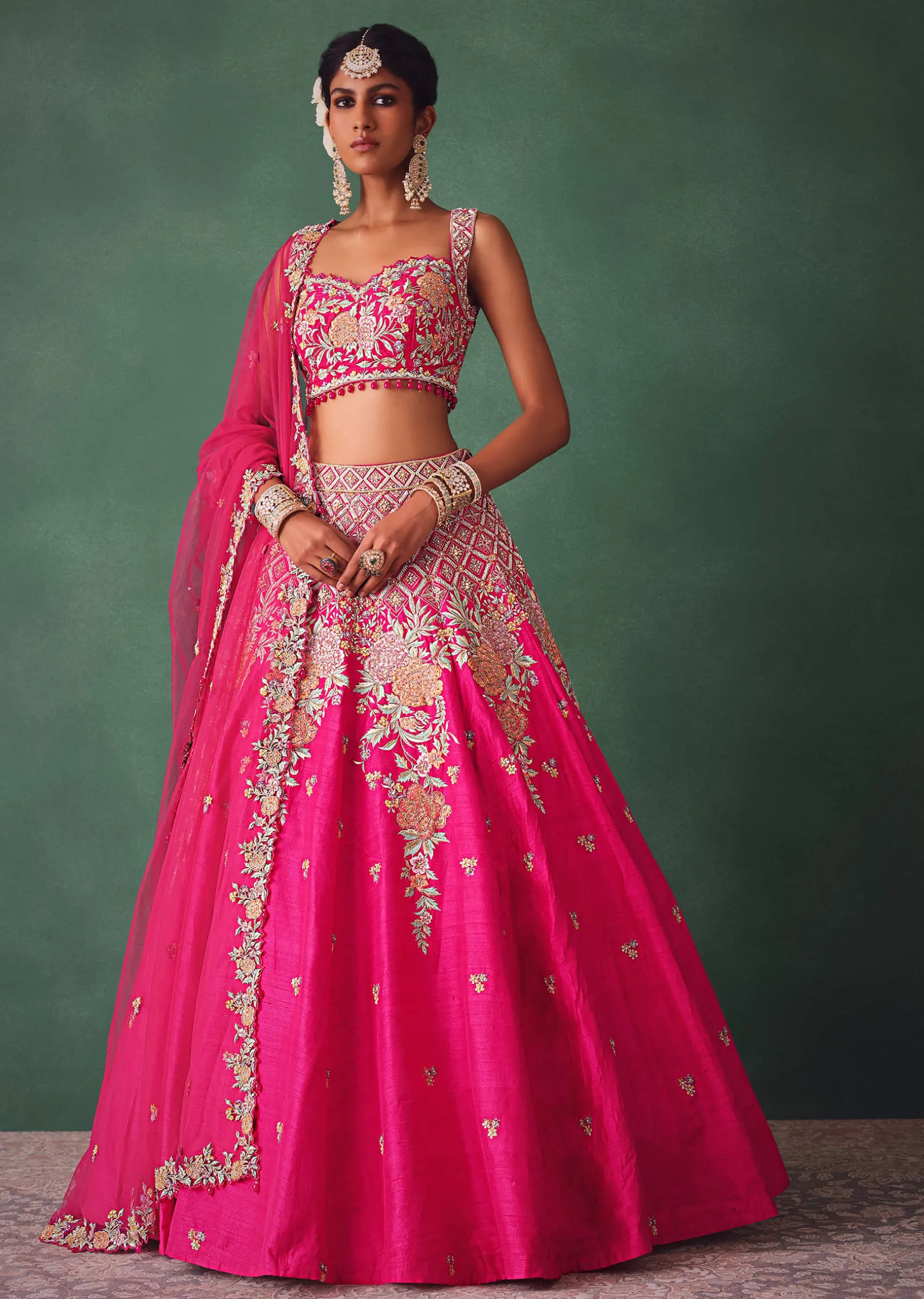 Fuschia Pink Raw Silk Multi Colour Threadwork Lehenga Dupatta With Embroidered Blouse
