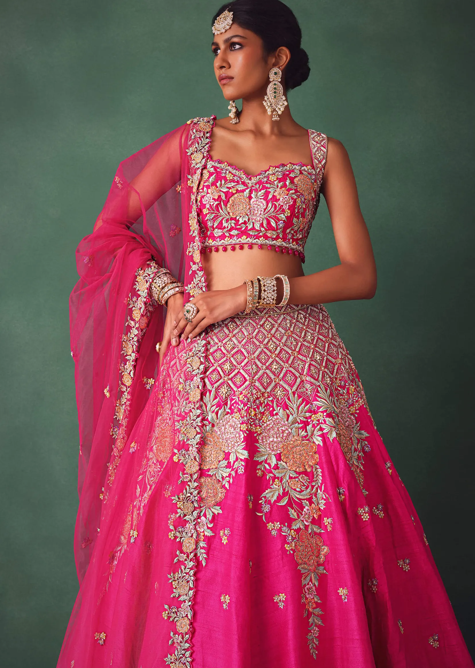 Fuschia Pink Raw Silk Multi Colour Threadwork Lehenga Dupatta With Embroidered Blouse