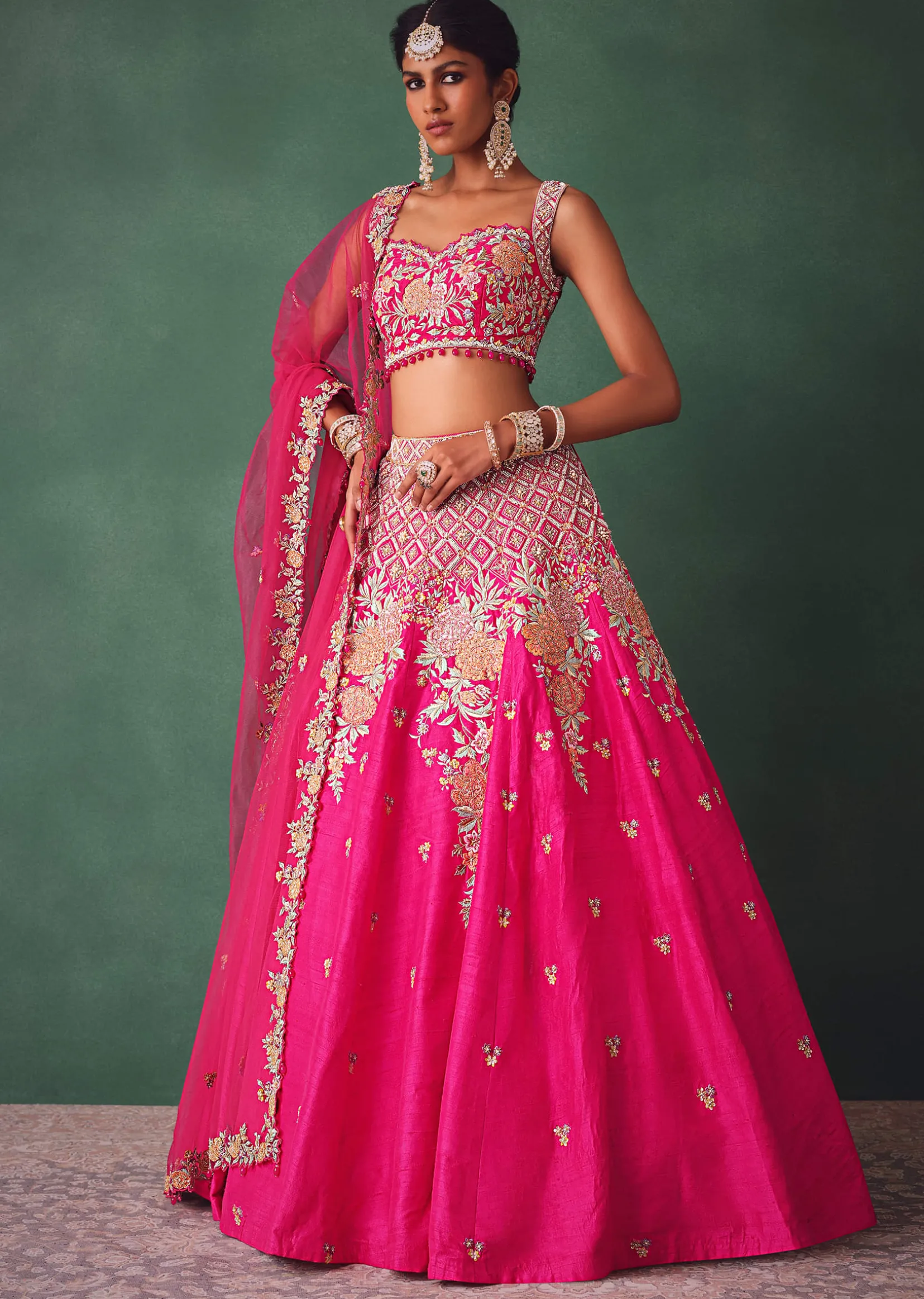 Fuschia Pink Raw Silk Multi Colour Threadwork Lehenga Dupatta With Embroidered Blouse
