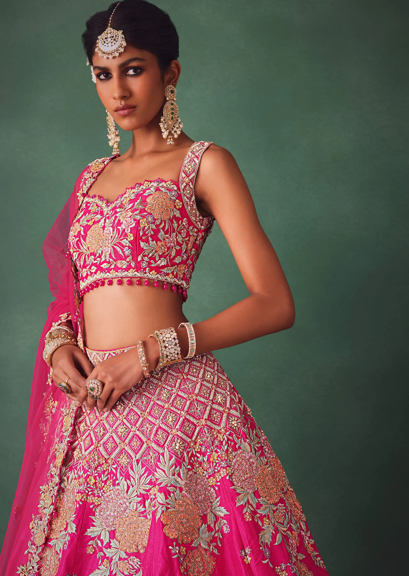 Fuschia Pink Raw Silk Multi Colour Threadwork Lehenga Dupatta With Embroidered Blouse
