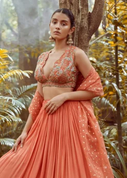 Fusion Coral Skirt In Crepe With Hand Embroidered Raw Silk Choli With Plunging Neckline