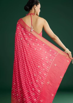 Gajari Dola Silk Saree With Floral Embroidery And Lehariya Print