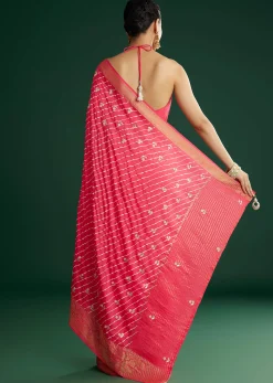Gajari Dola Silk Saree With Floral Embroidery And Lehariya Print