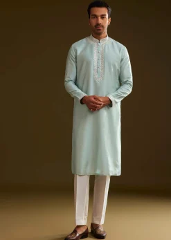 Glacier Blue Silk Kurta Set With Yoke Embroidery
