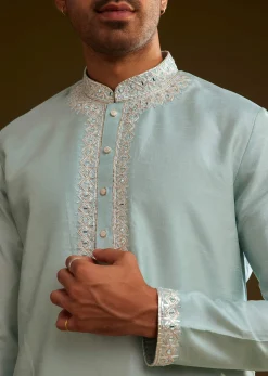Glacier Blue Silk Kurta Set With Yoke Embroidery