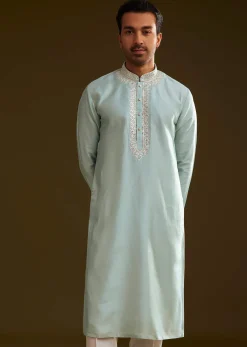 Glacier Blue Silk Kurta Set With Yoke Embroidery