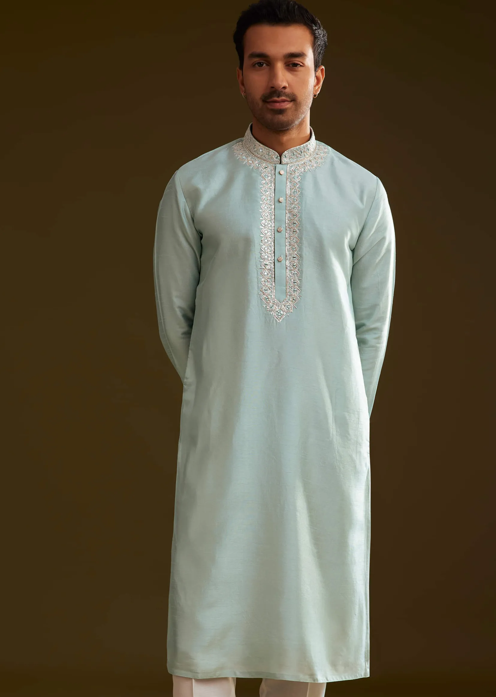 Glacier Blue Silk Kurta Set With Yoke Embroidery