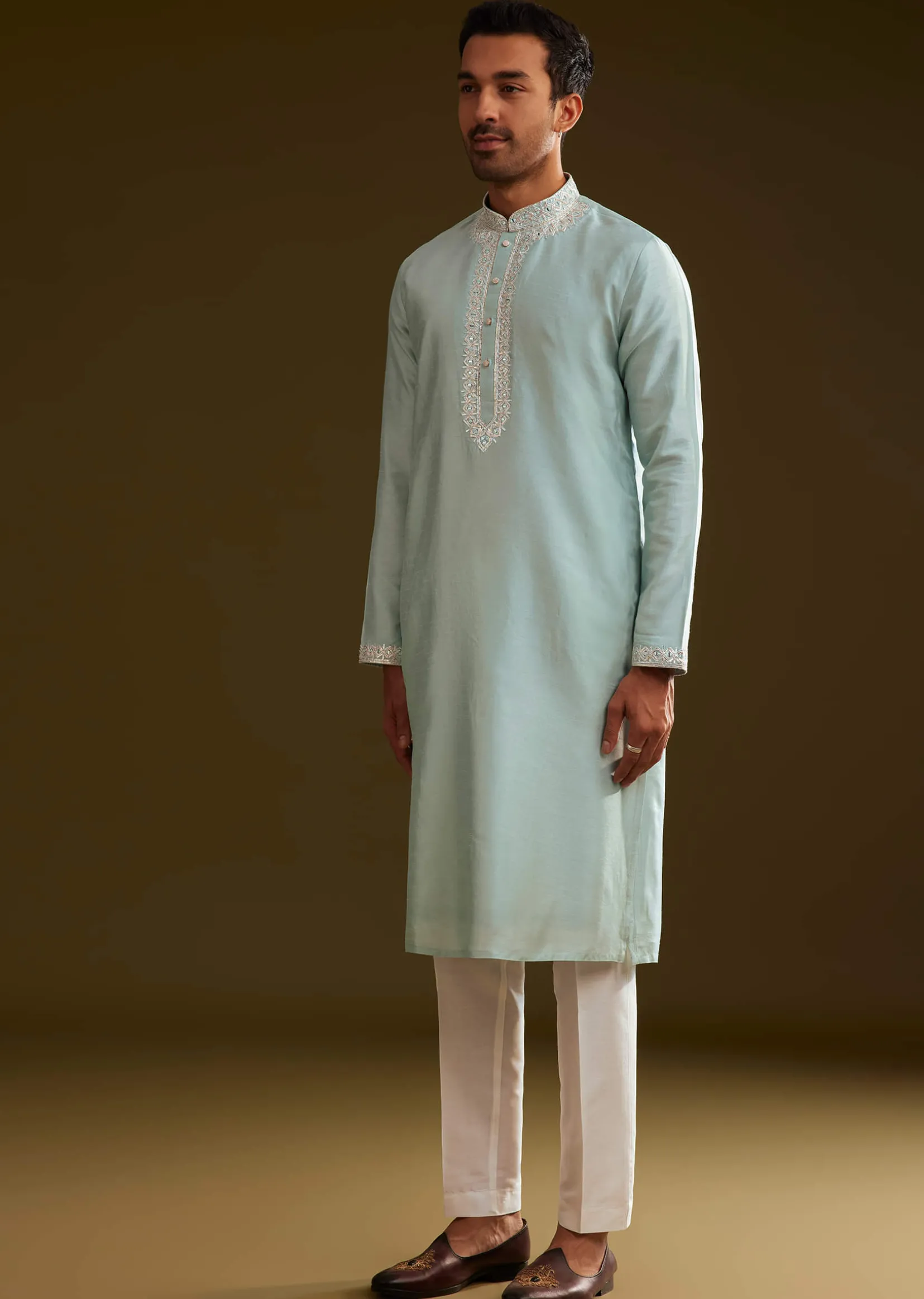 Glacier Blue Silk Kurta Set With Yoke Embroidery