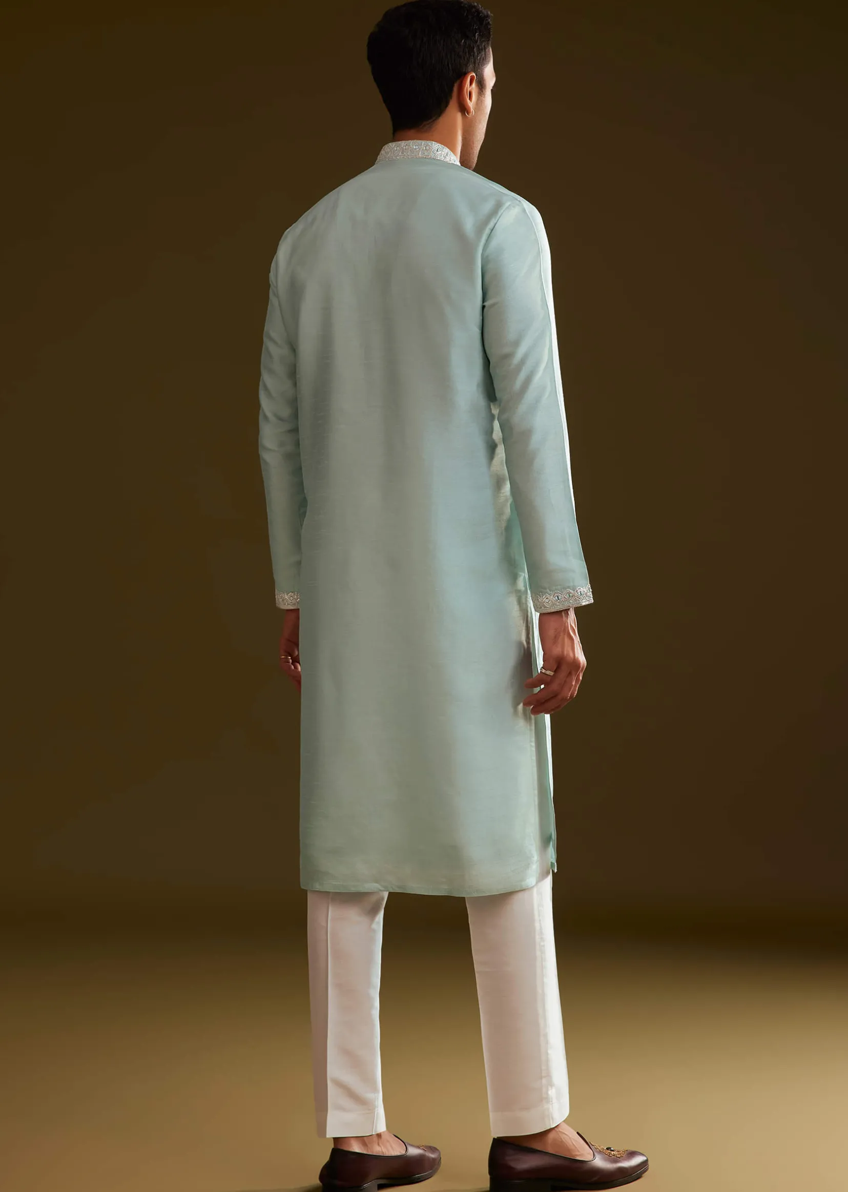 Glacier Blue Silk Kurta Set With Yoke Embroidery