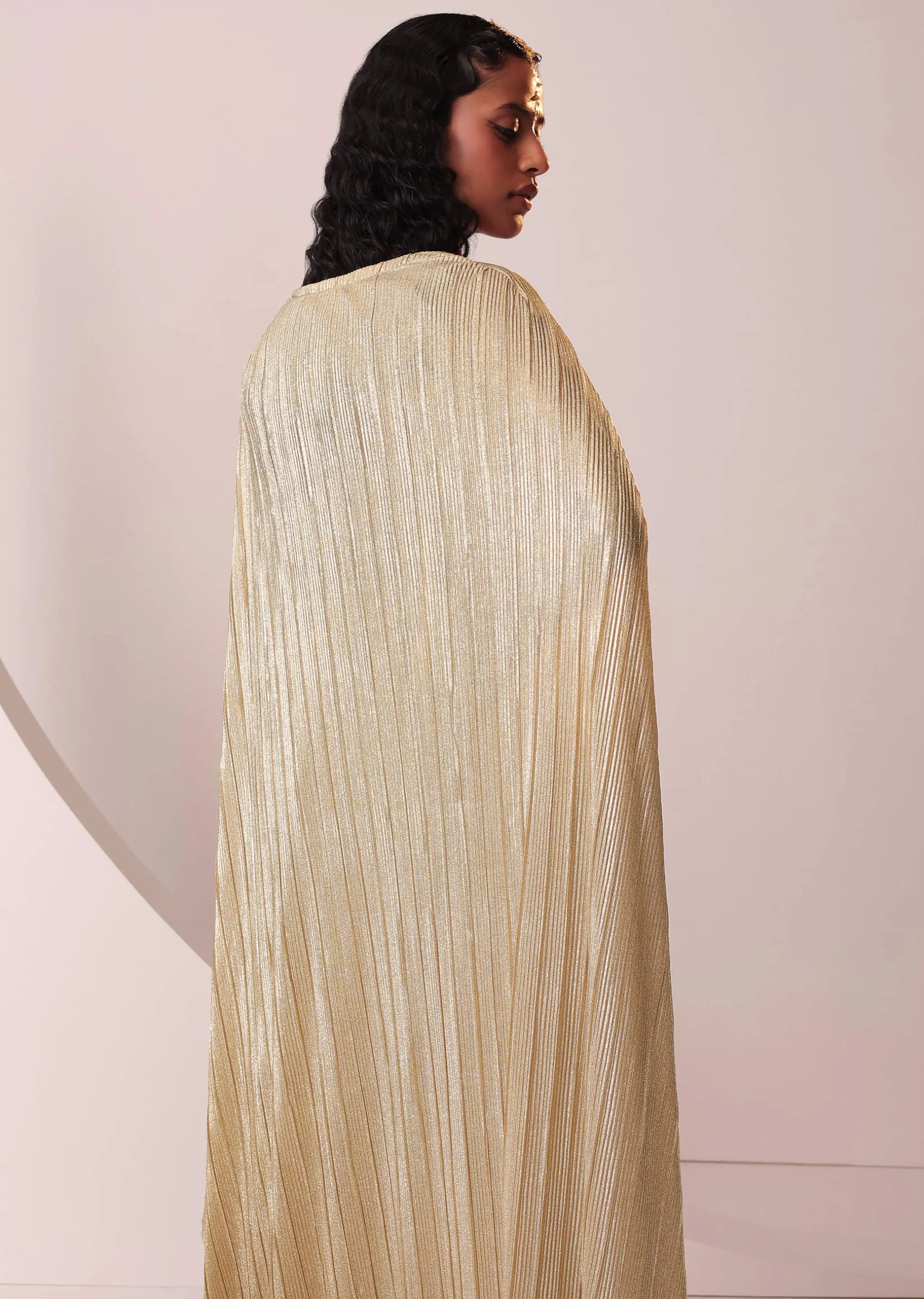 Glam Gold Embroidered Gown In Knit Stretchable Fabric With Jacket