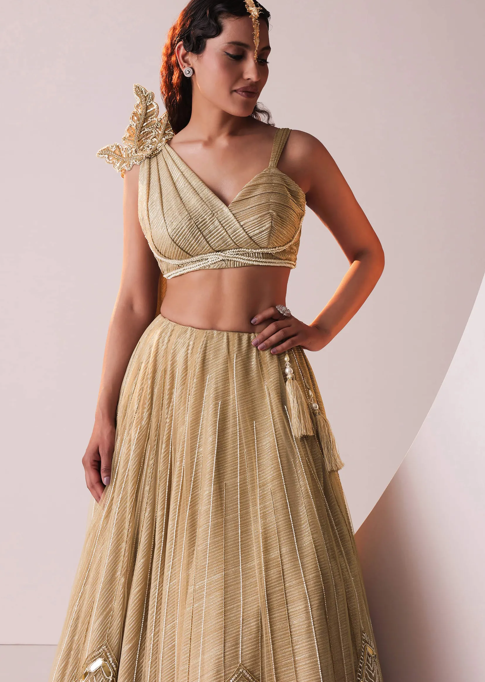 Glam Gold Embroidered Lehenga Set In Knit Stretchable Fabric