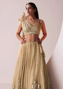 Glam Gold Embroidered Lehenga Set In Knit Stretchable Fabric