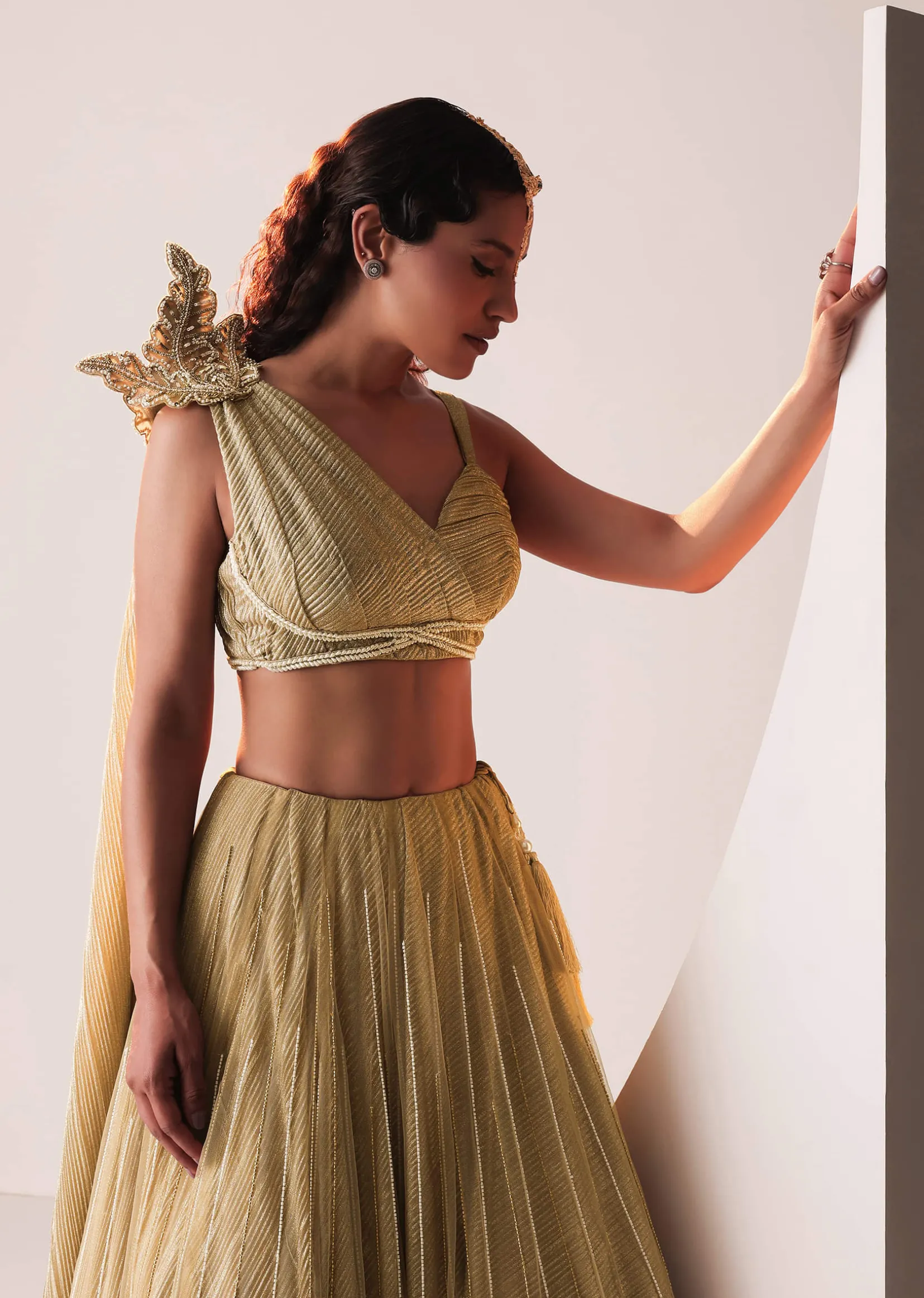Glam Gold Embroidered Lehenga Set In Knit Stretchable Fabric