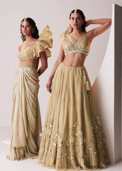 Glam Gold Embroidered Lehenga Set In Knit Stretchable Fabric