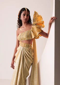 Glam Gold Gown In Knit Strechable Fabric With Embroidery
