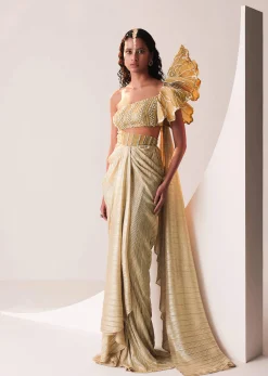 Glam Gold Gown In Knit Strechable Fabric With Embroidery