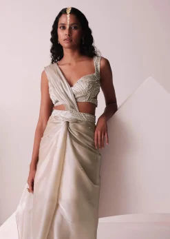 Glam Silver Embroidered Ready To Wear Saree In Organza