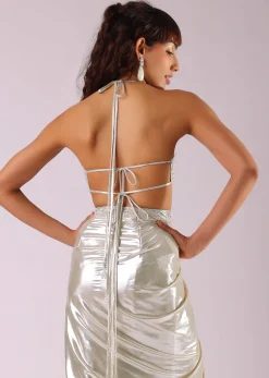 Glam Silver Embroidered Pleated Skirt And Blouse In Lycra With Organza Shrug