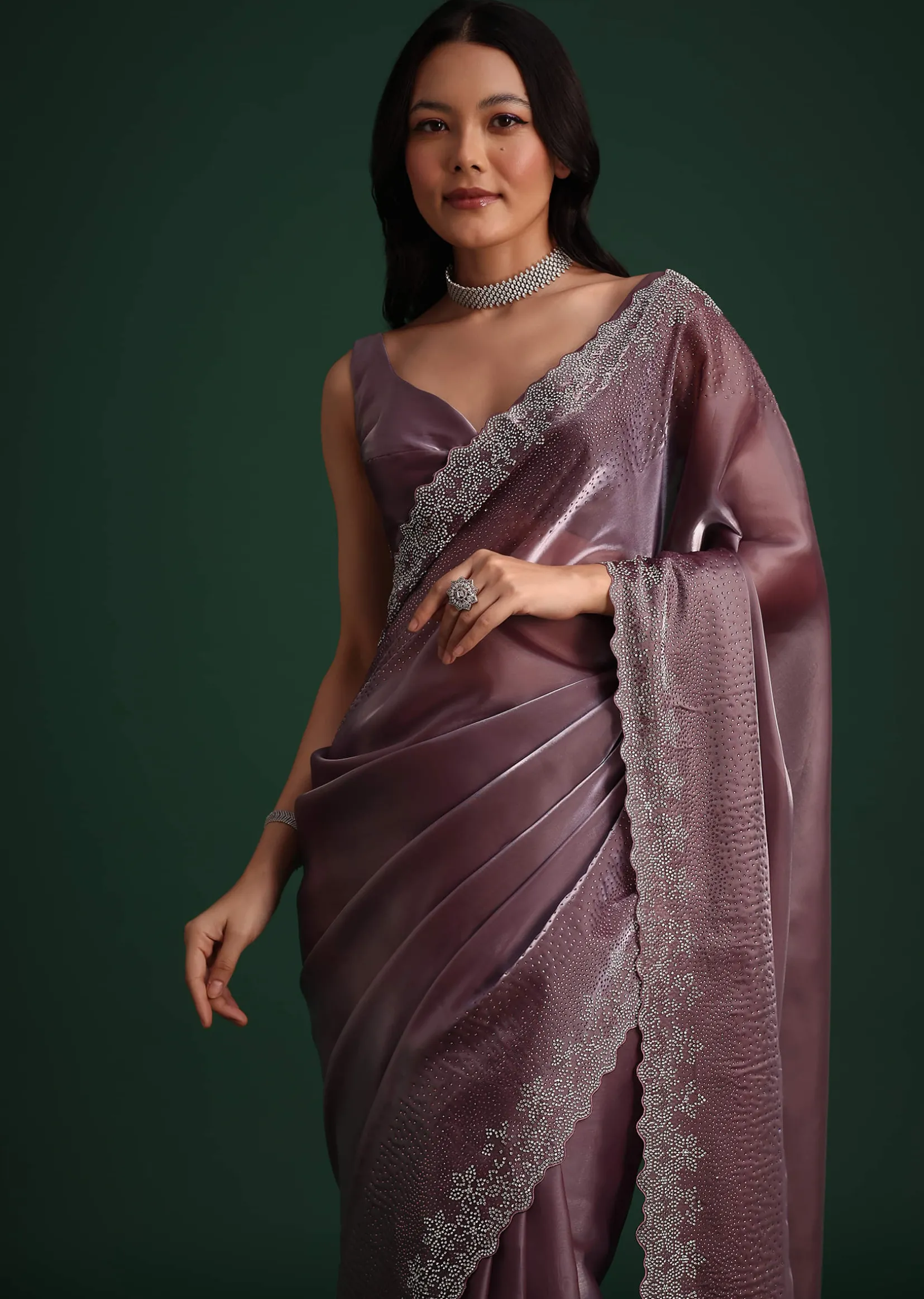 Glass Tissue Saree With Stone And Diamond Embroidery
