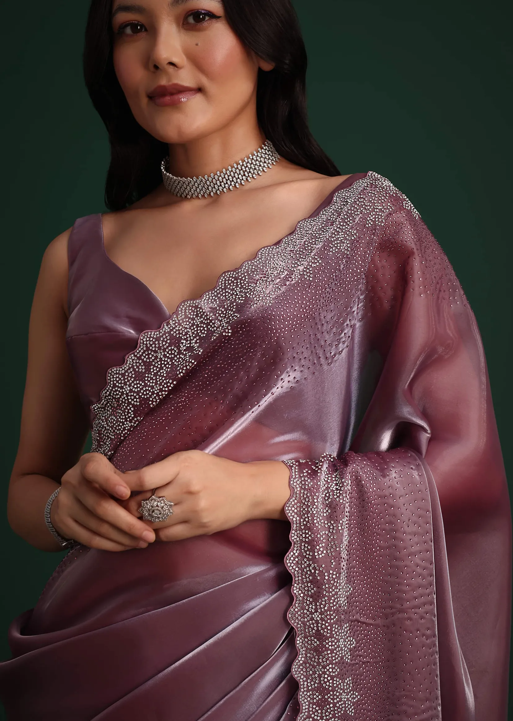 Glass Tissue Saree With Stone And Diamond Embroidery