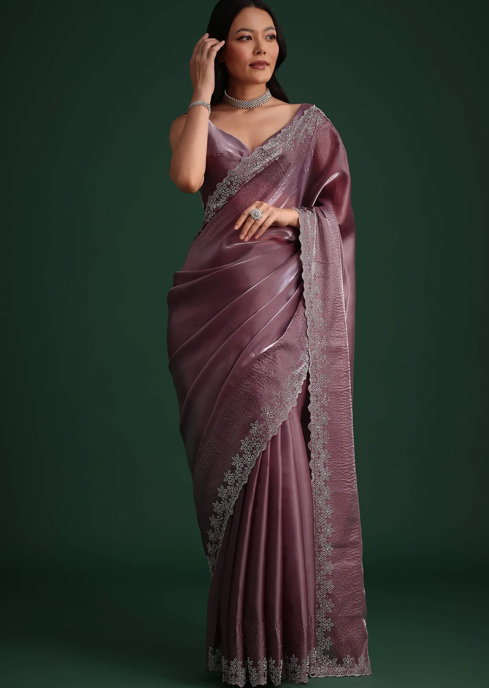 Glass Tissue Saree With Stone And Diamond Embroidery