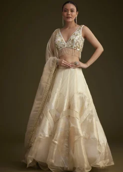 Gold And White Net Embroidered Lehenga Set With Organza Dupatta
