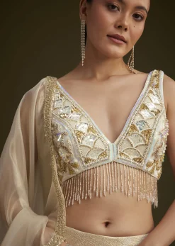 Gold And White Net Embroidered Lehenga Set With Organza Dupatta